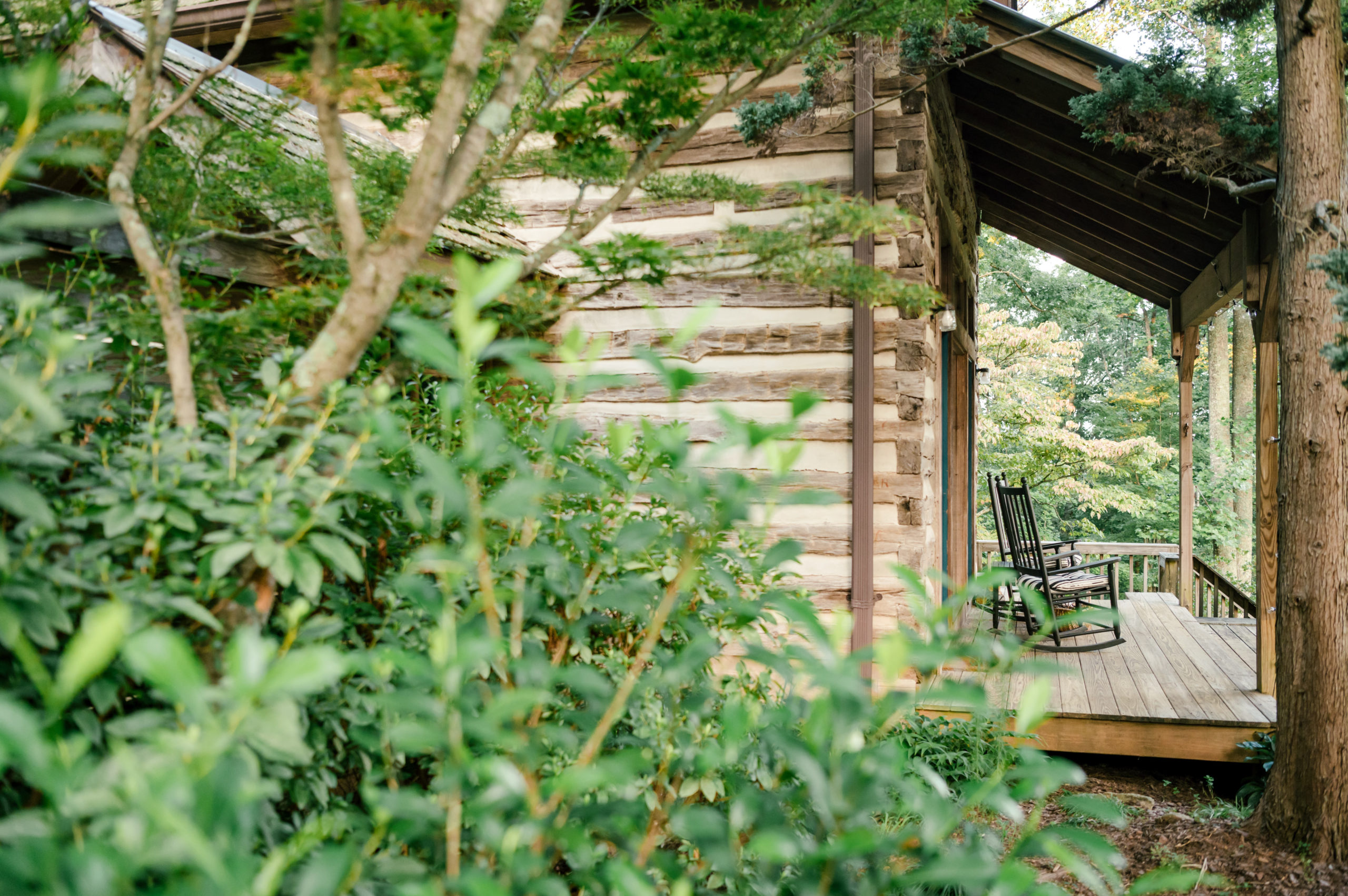 Professional air bnb photography of beautiful Cherry mountain cabin with greenery and chairs sitting on the front porch