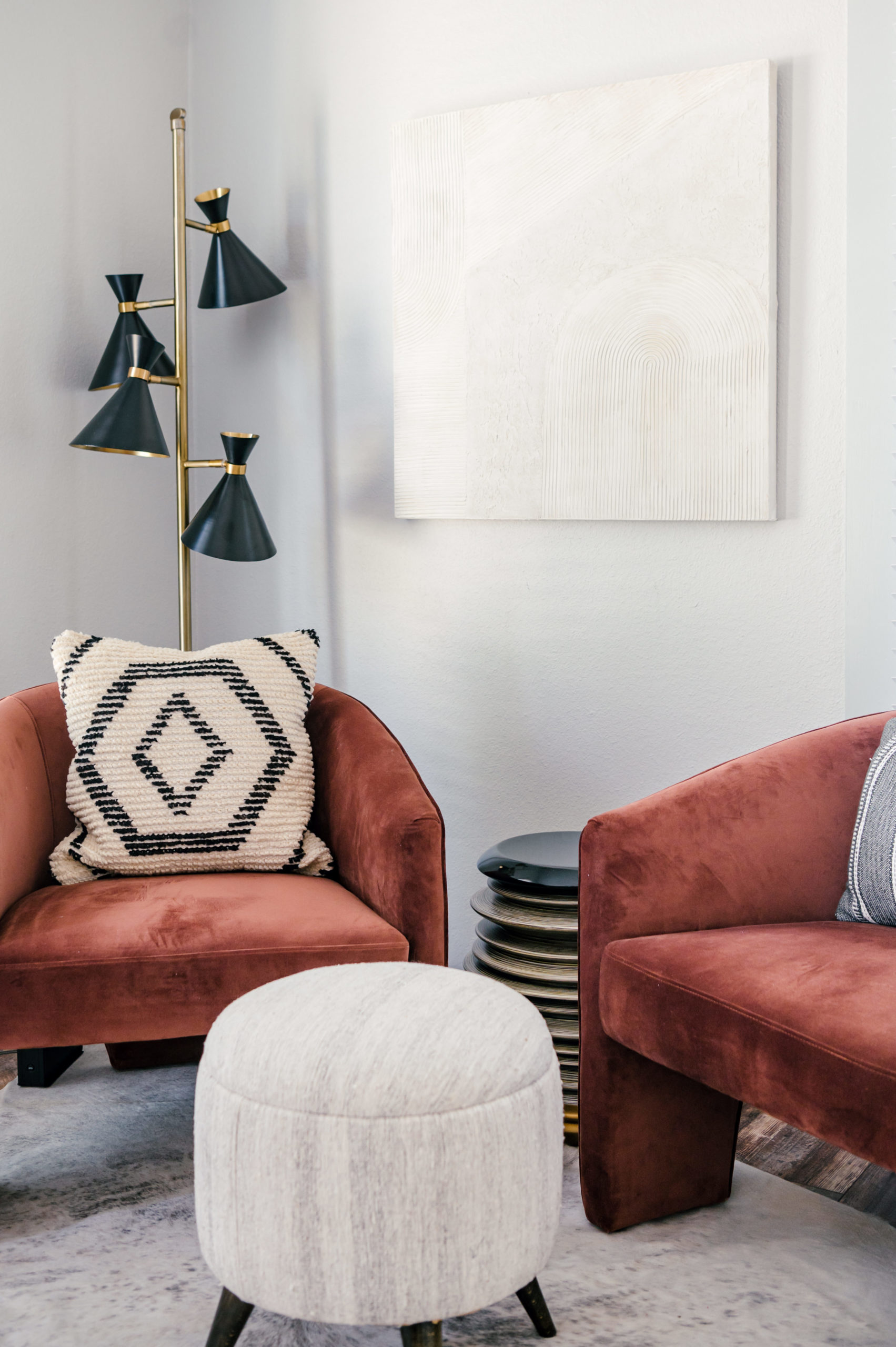 Interior Design Photography of Red Velvet love seat and foot rest