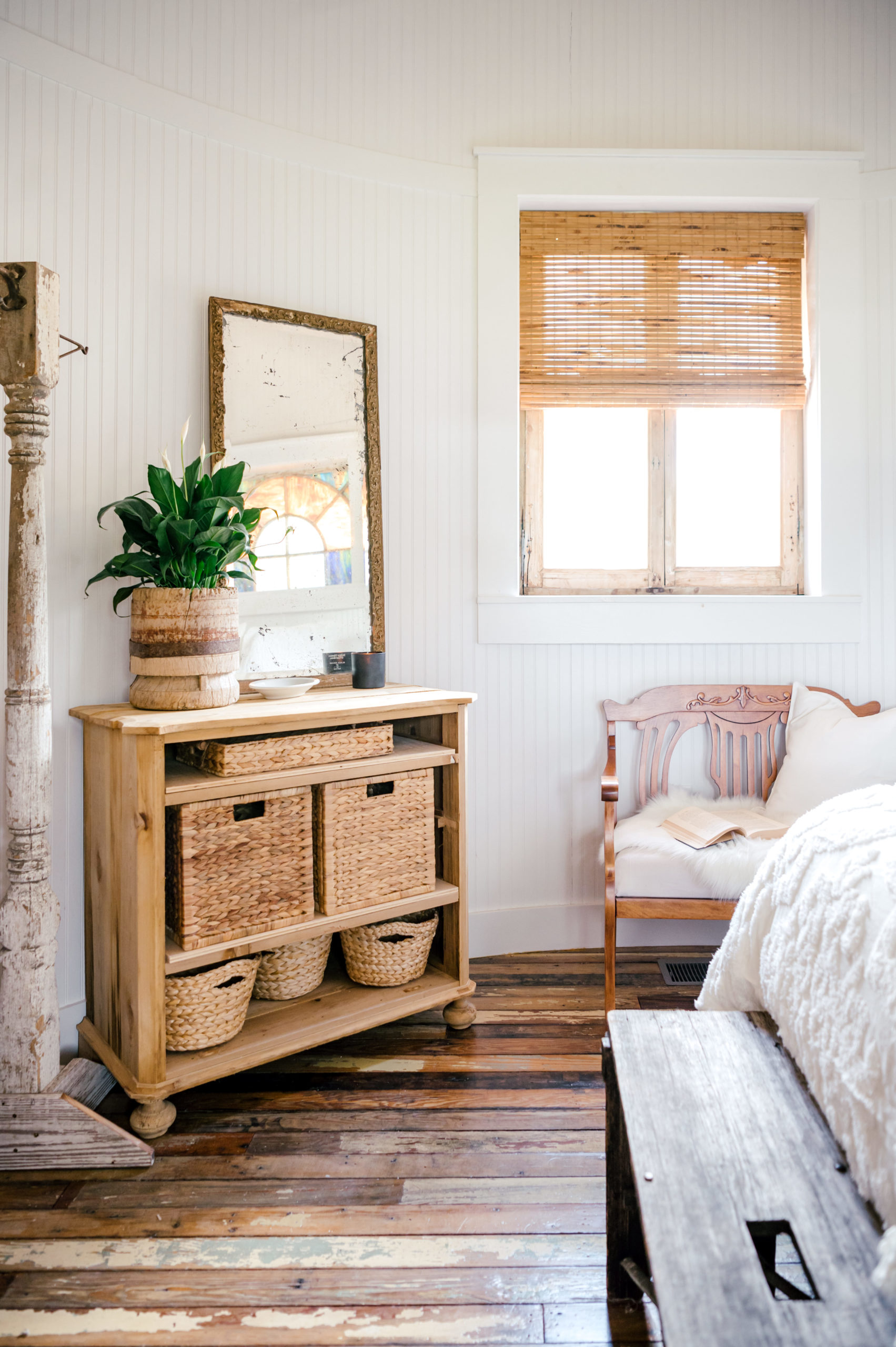 Airbnb photography of bedroom interior design, with wooden dresser and mirror