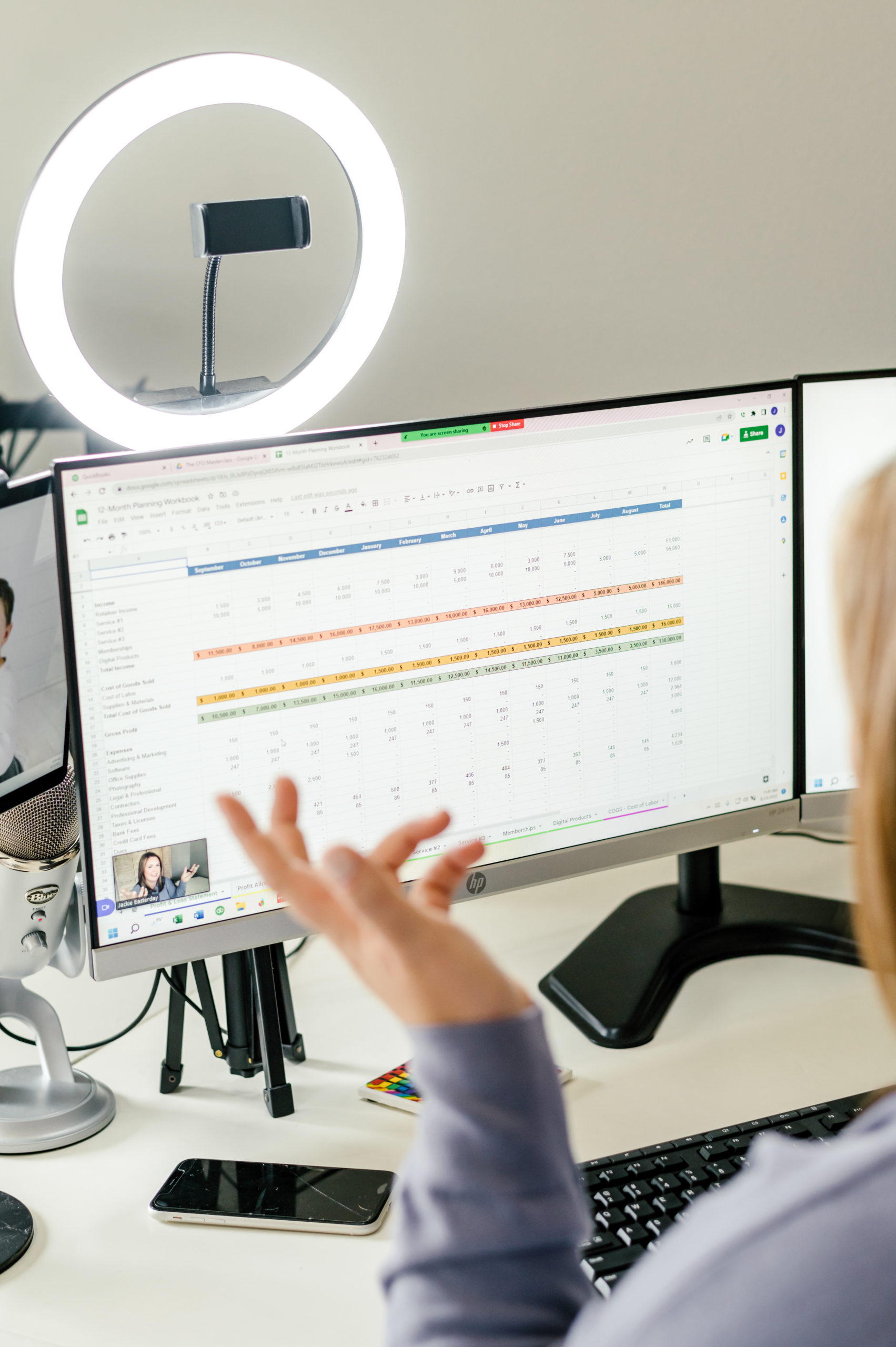 CPA business woman working on computer with sheets open on computer screen