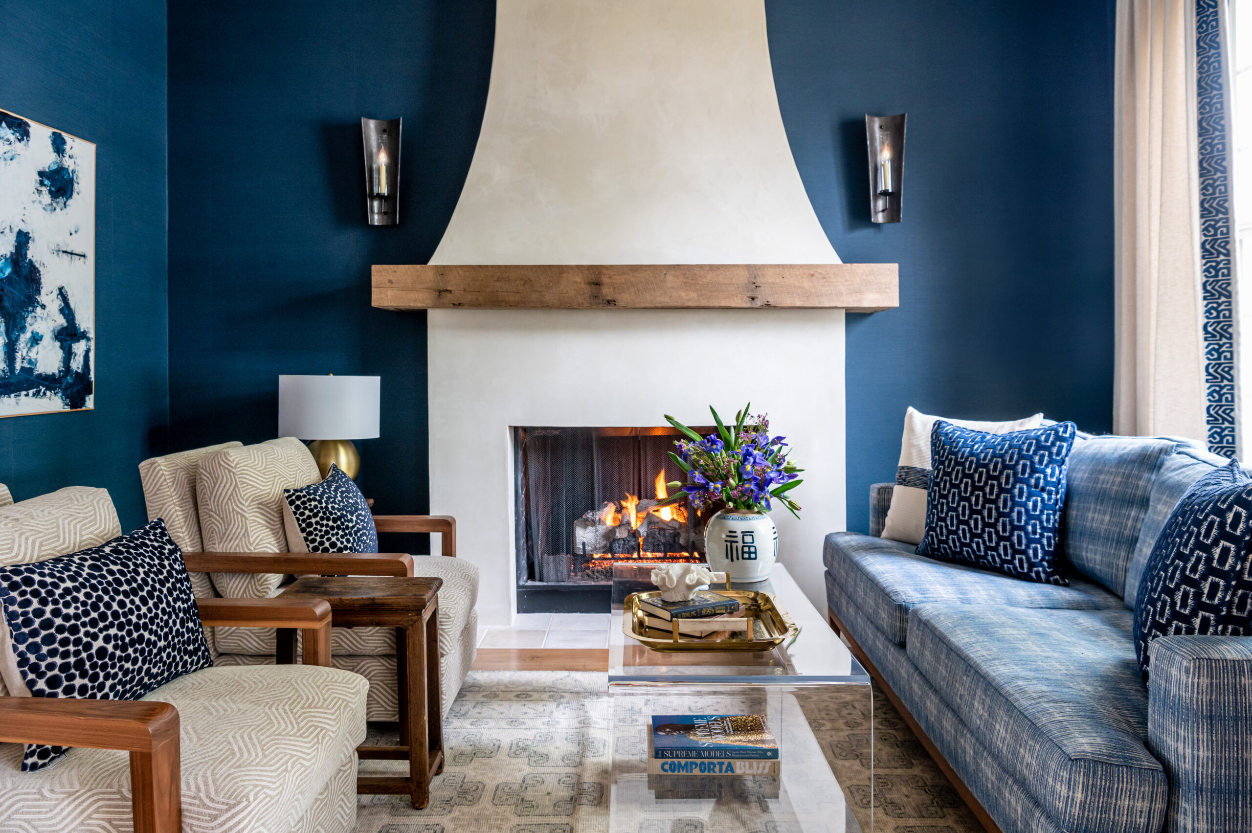 Interior design of living room with blue and colorful details