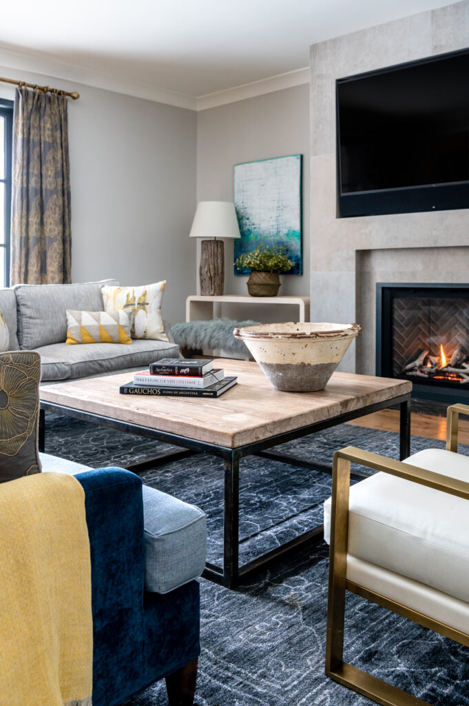 Living room interior design with fireplace