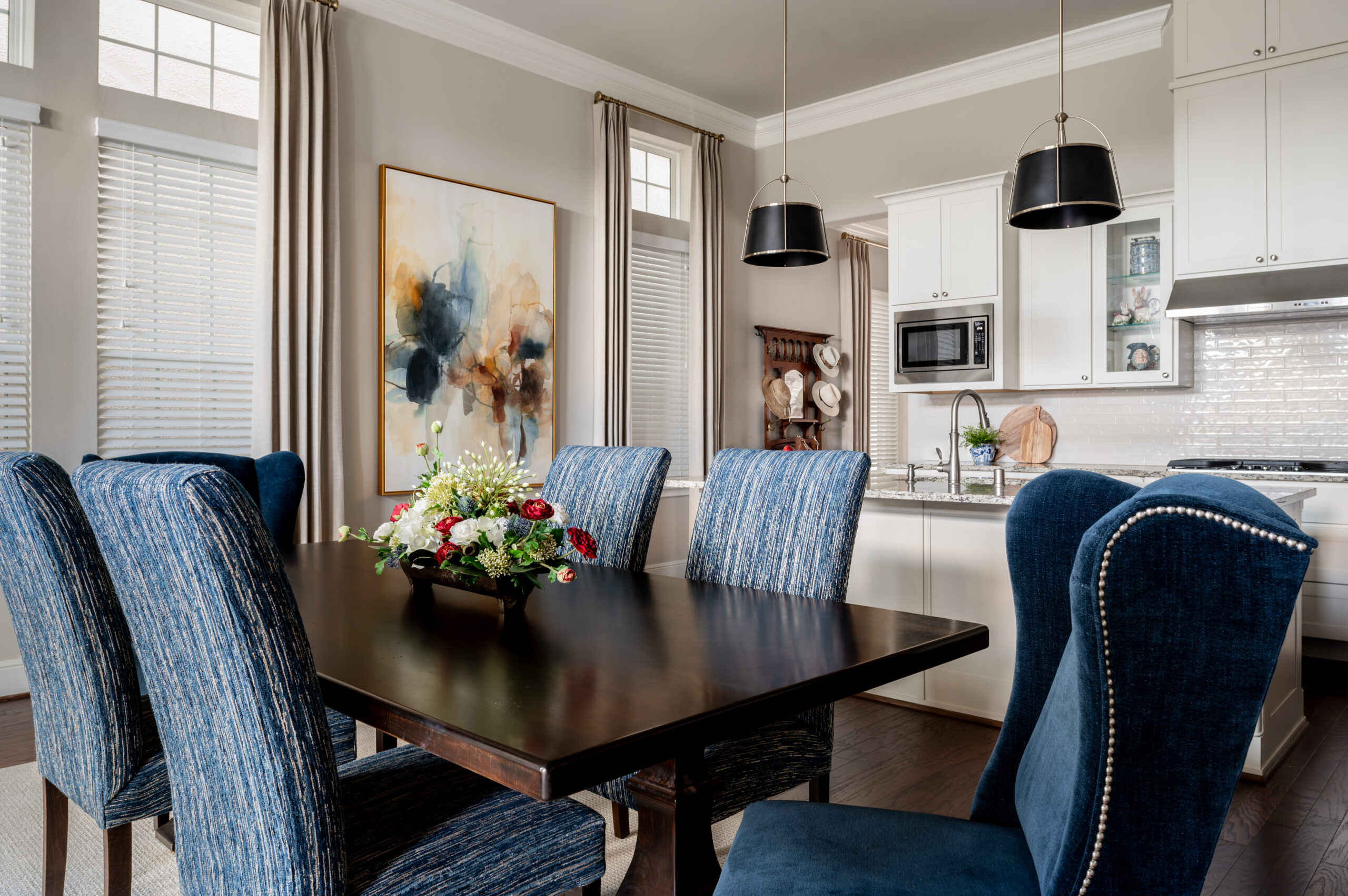 Dining room interior design with blue furniture