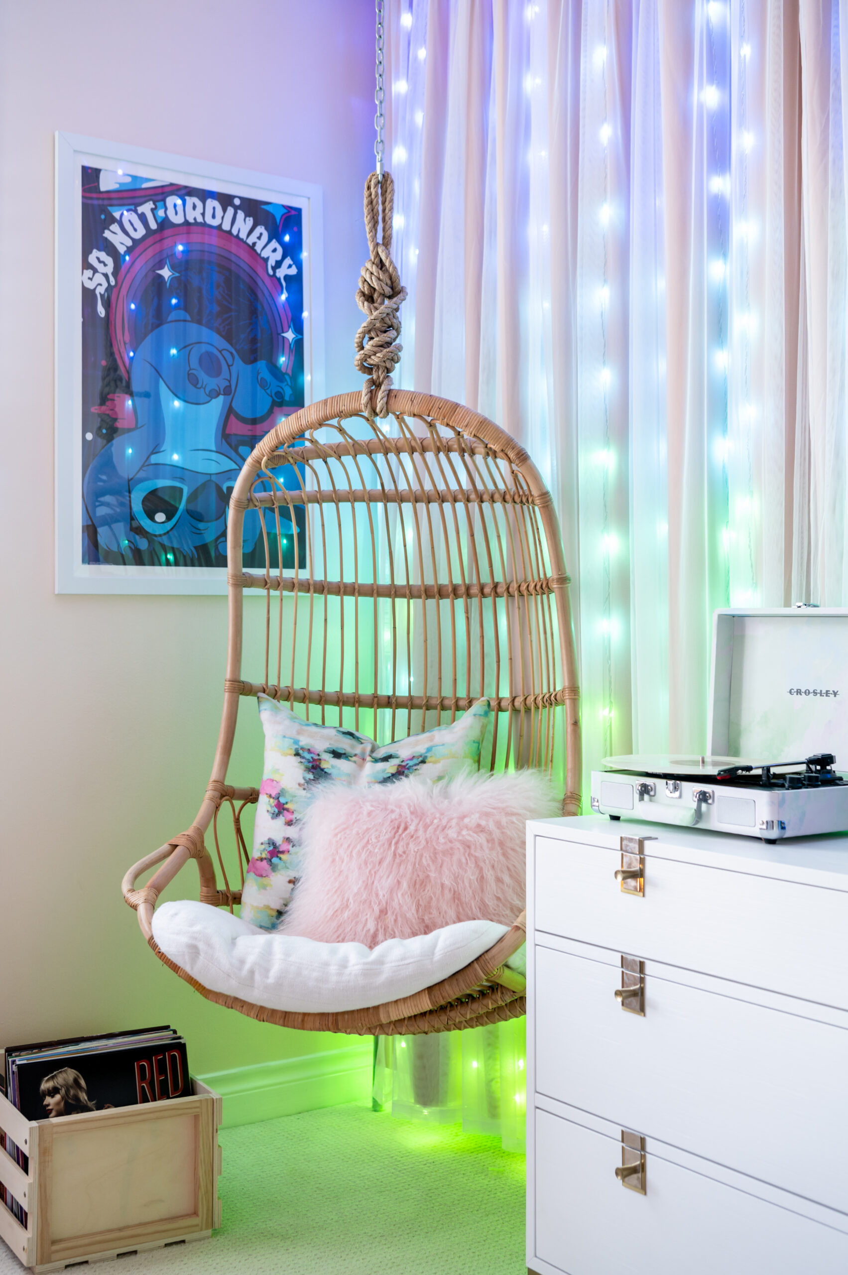 Teenage bedroom interior design with lights and cartoon poster