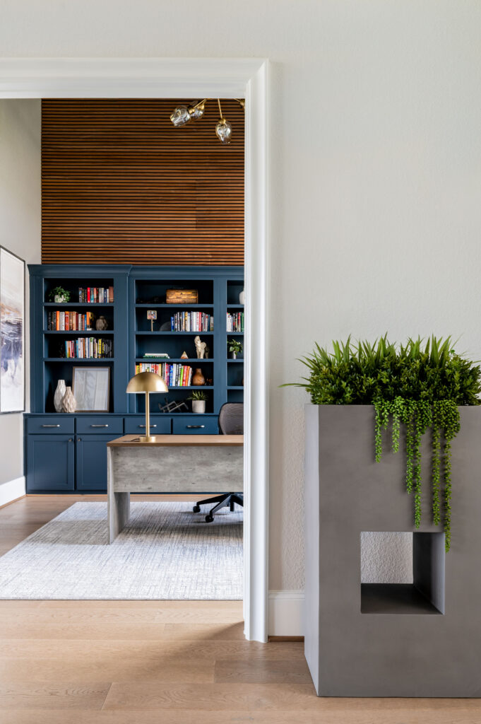 Office interior design with blue book shelf and styled shelving