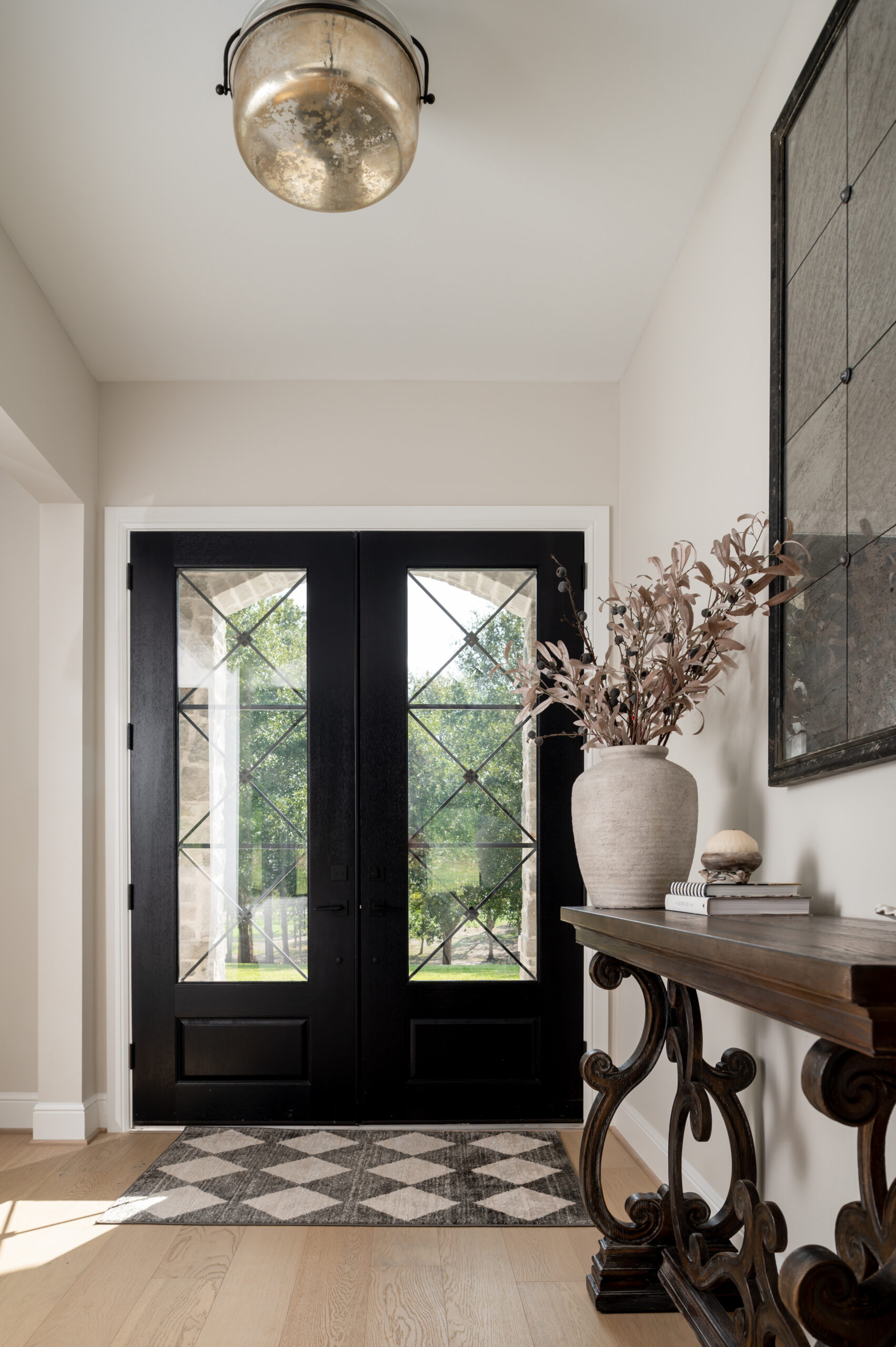 Beautiful interior design entry way with black front door