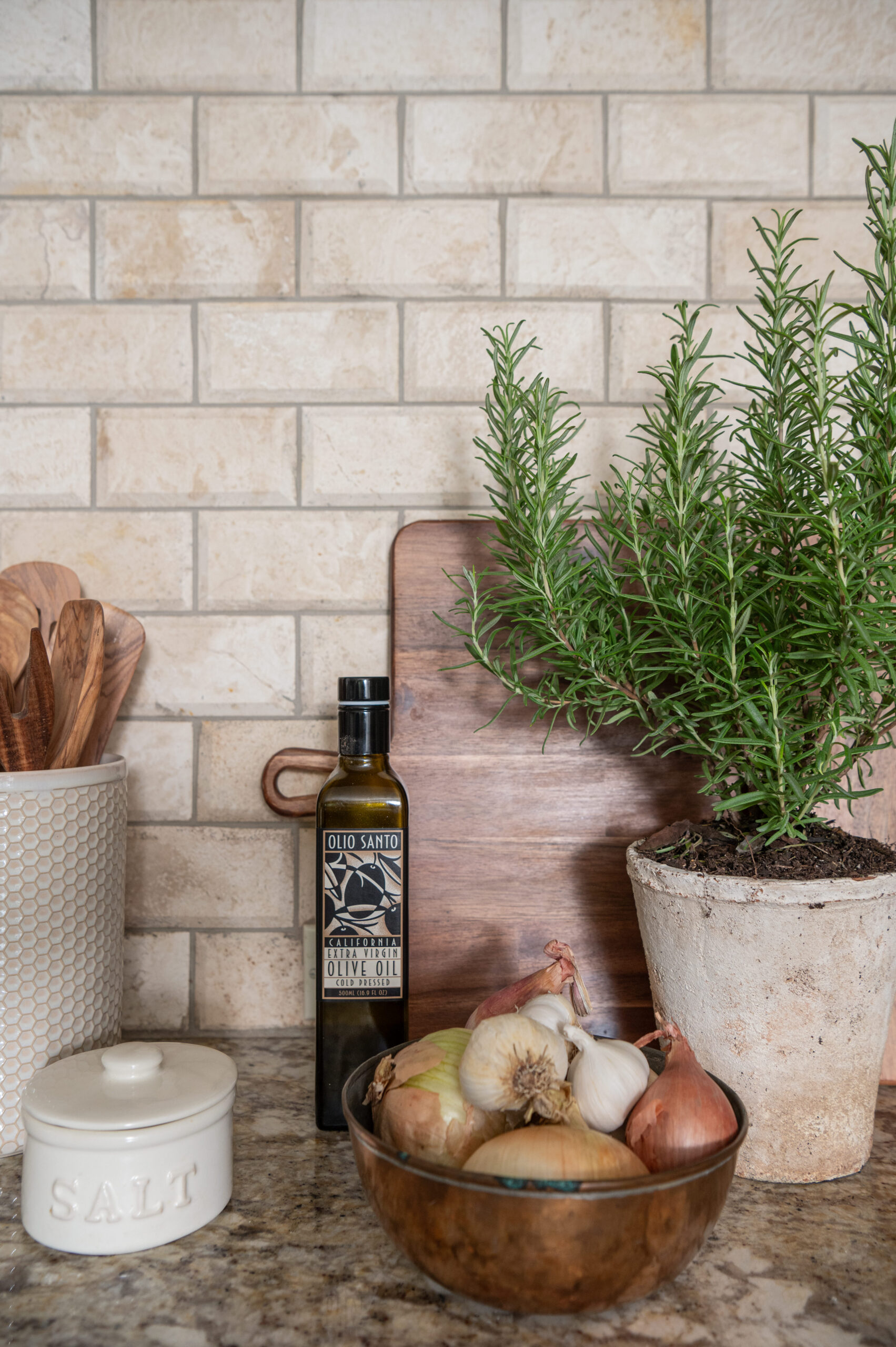 Close-up interior design photography of kitchen decor and food