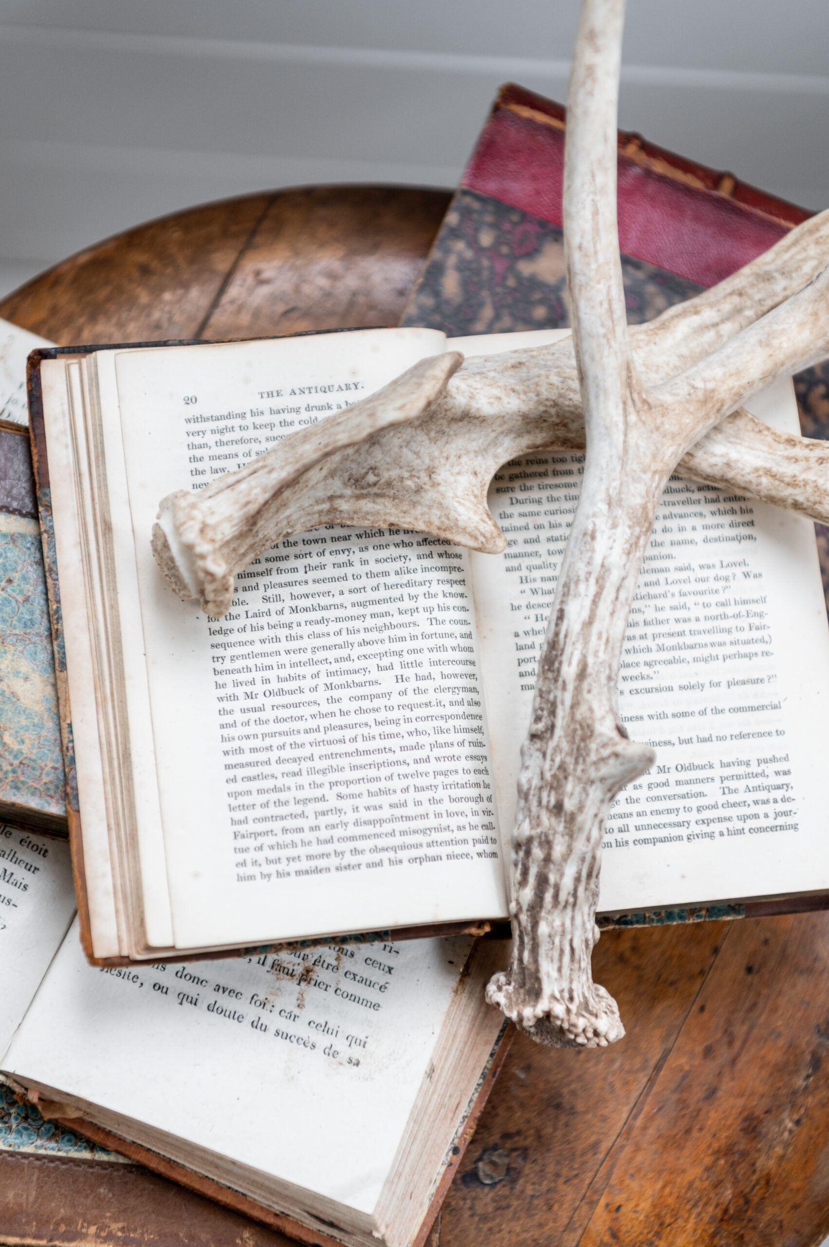 Vintage and Antique books on a wooden side table