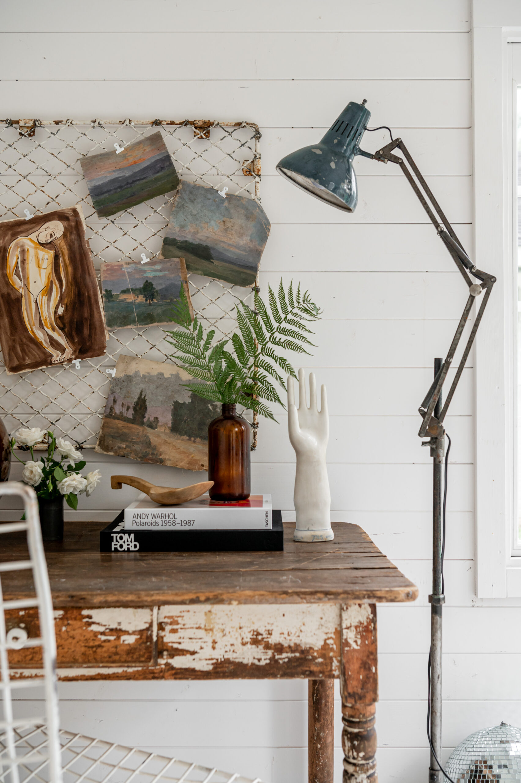 Vintage and Antique desk with vintage standing lamp