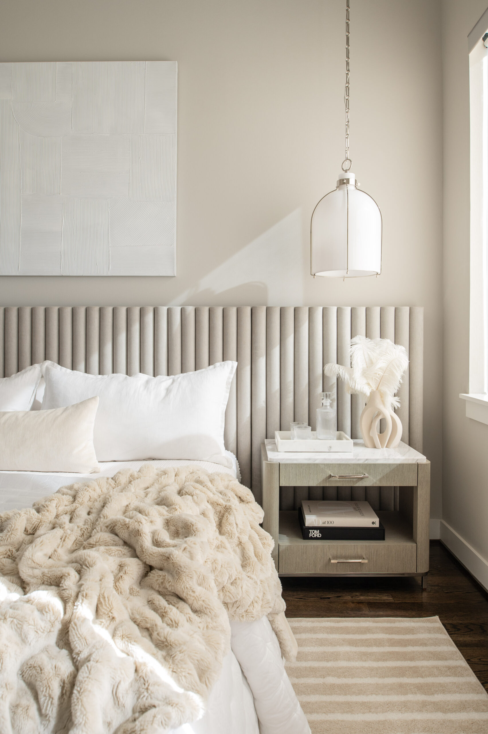 Serene all white and tan bedroom interior design