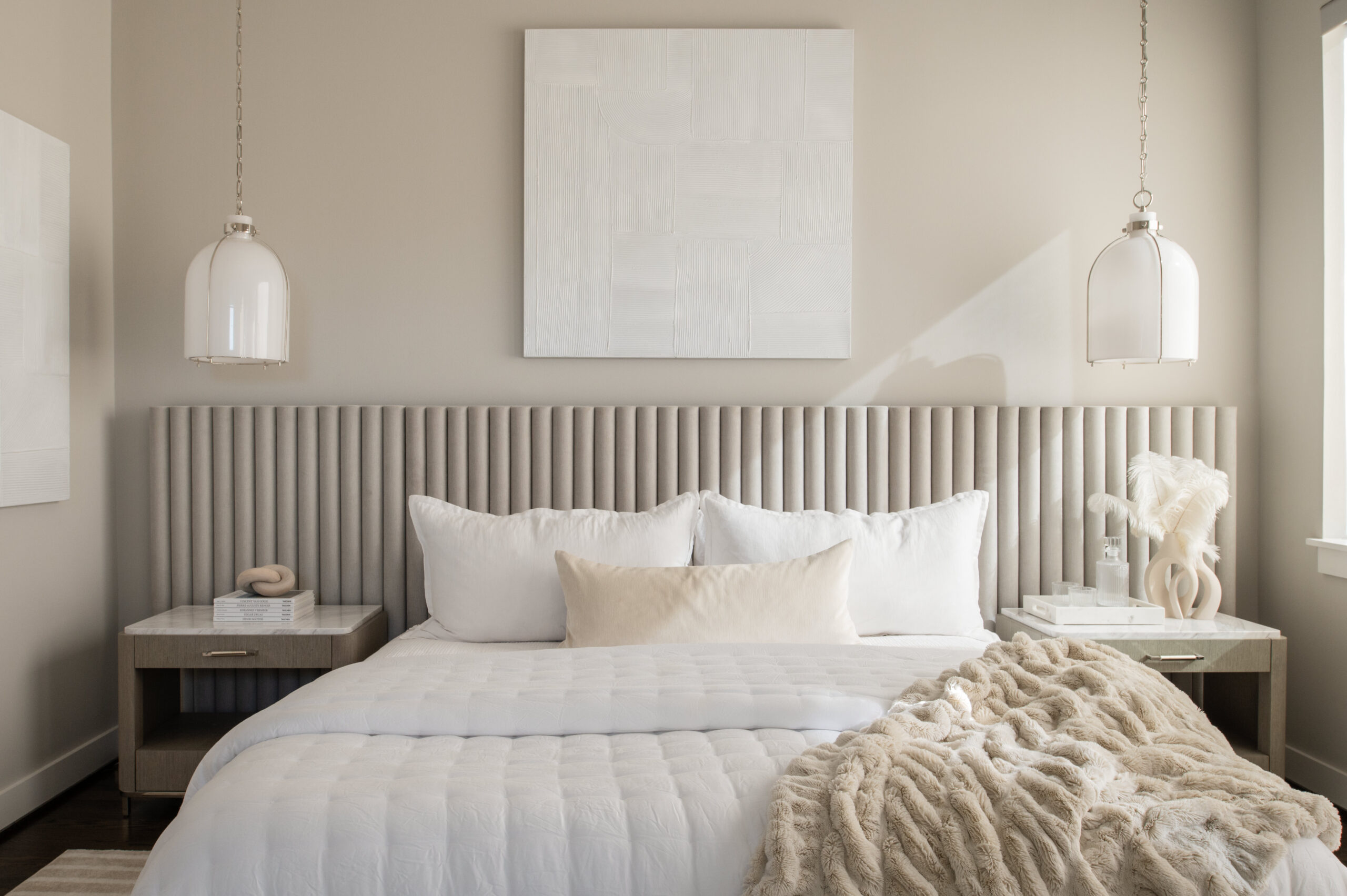Serene all white and tan bedroom interior design