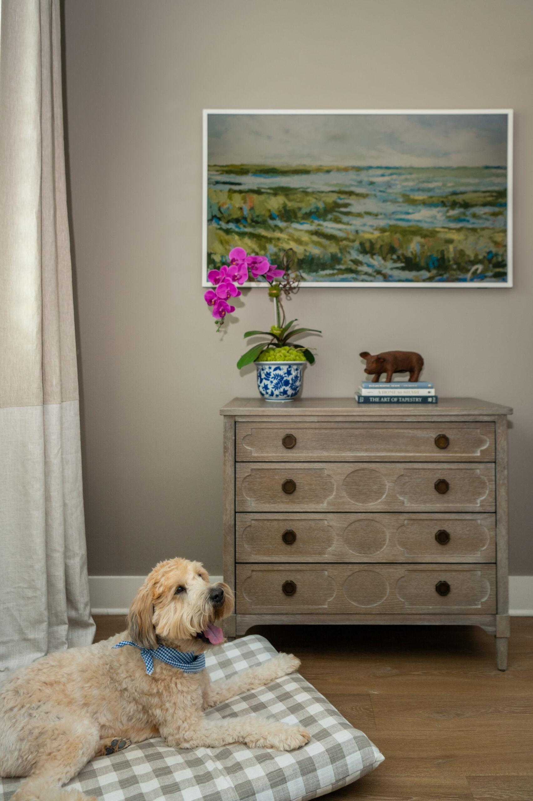 Puppy sitting on dog bed next too wooden dresser