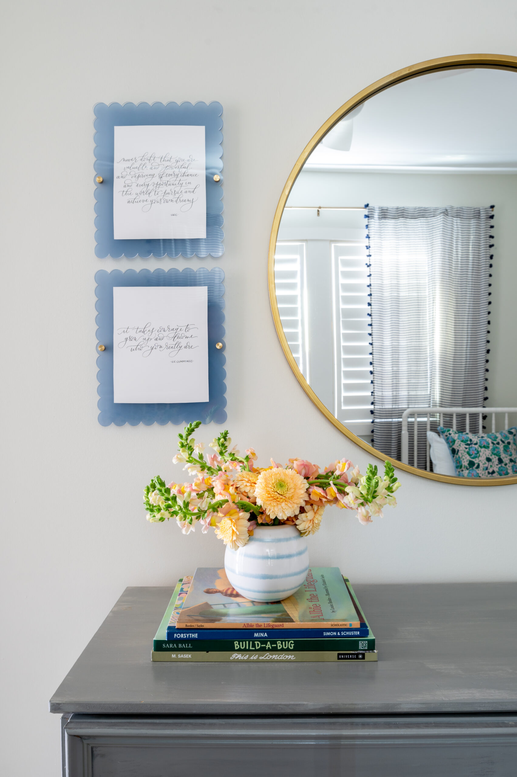 Bedroom with wedding vows hanging on the wall