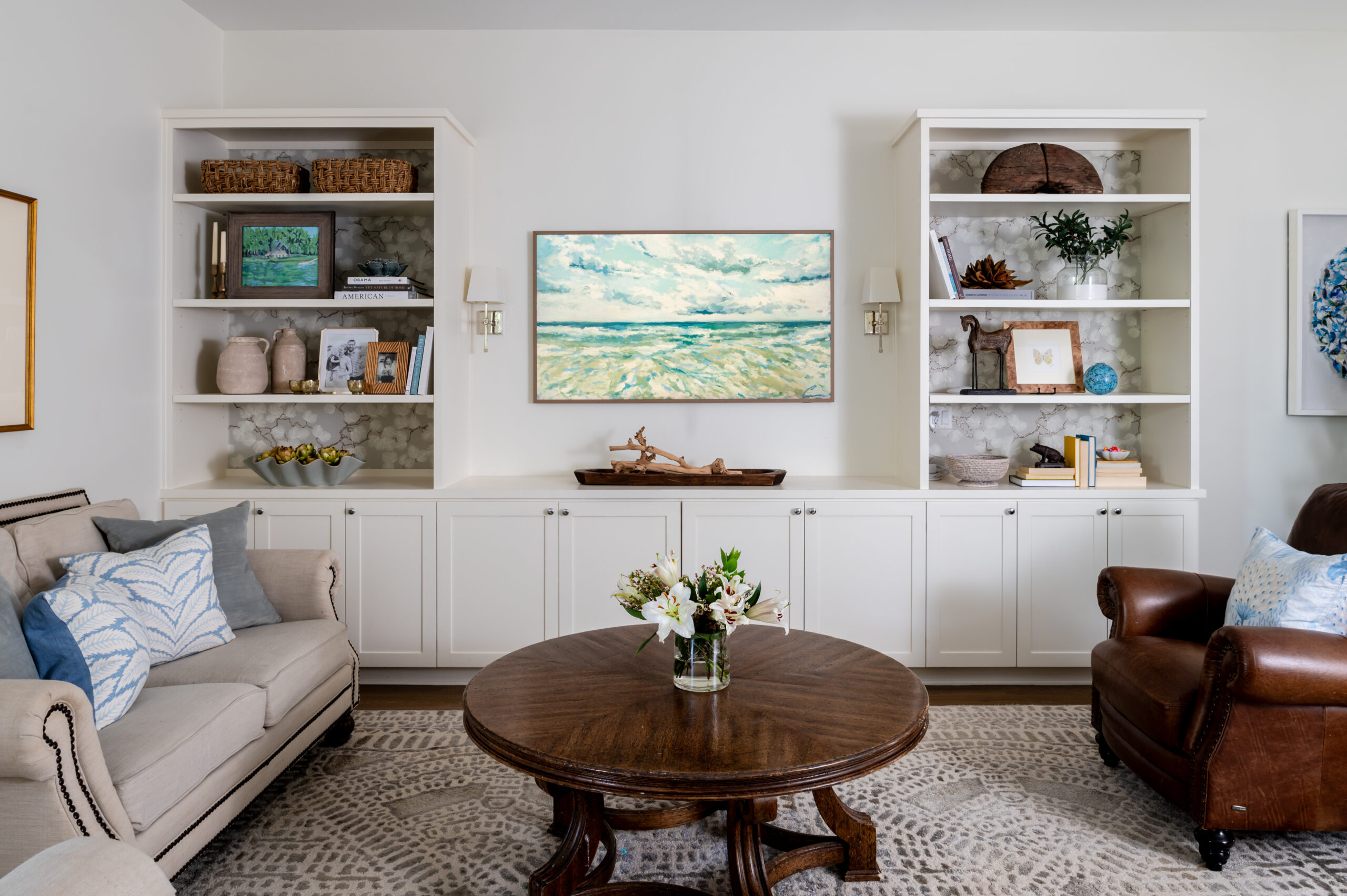 Living room interior design with beautiful bookshelf and decor