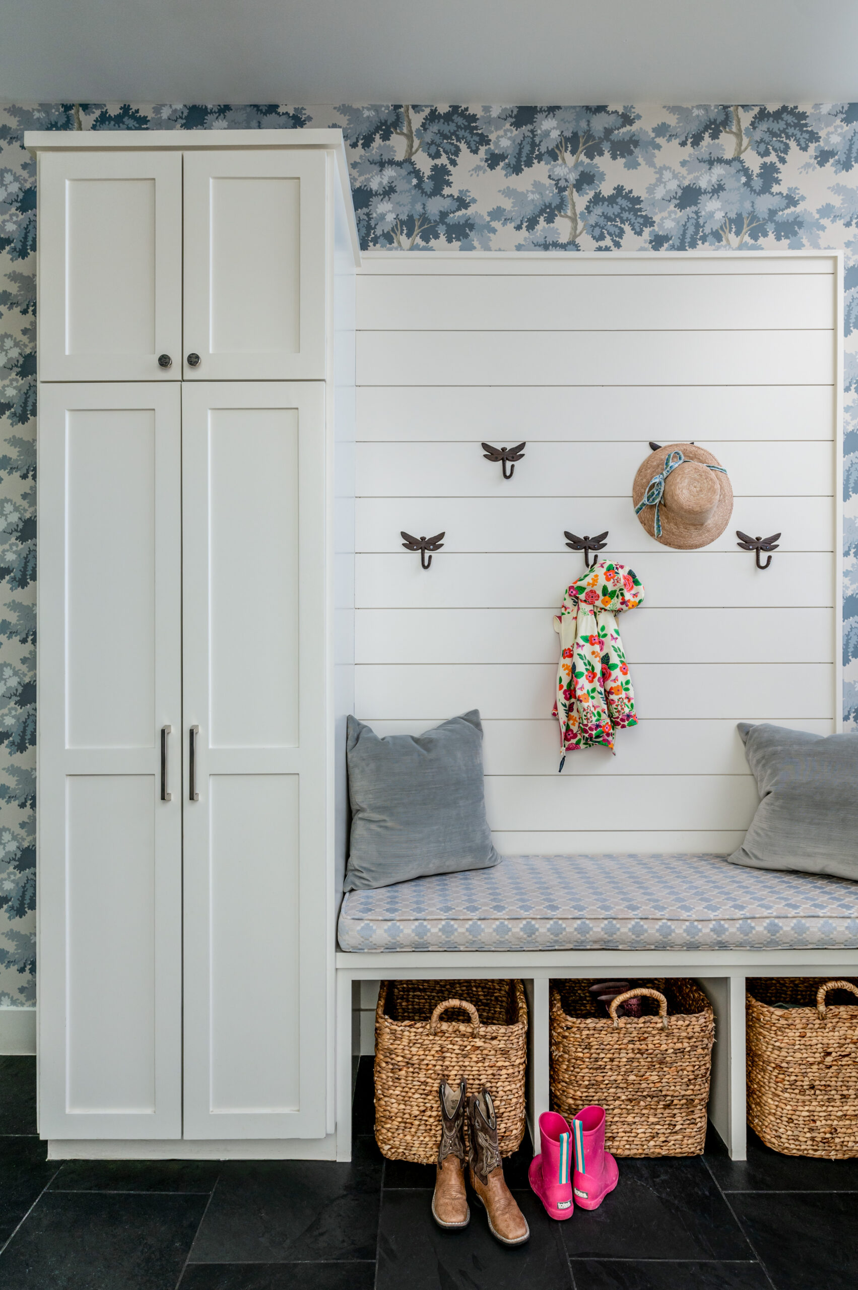 Beautiful home entryway with blue floral wallpaper