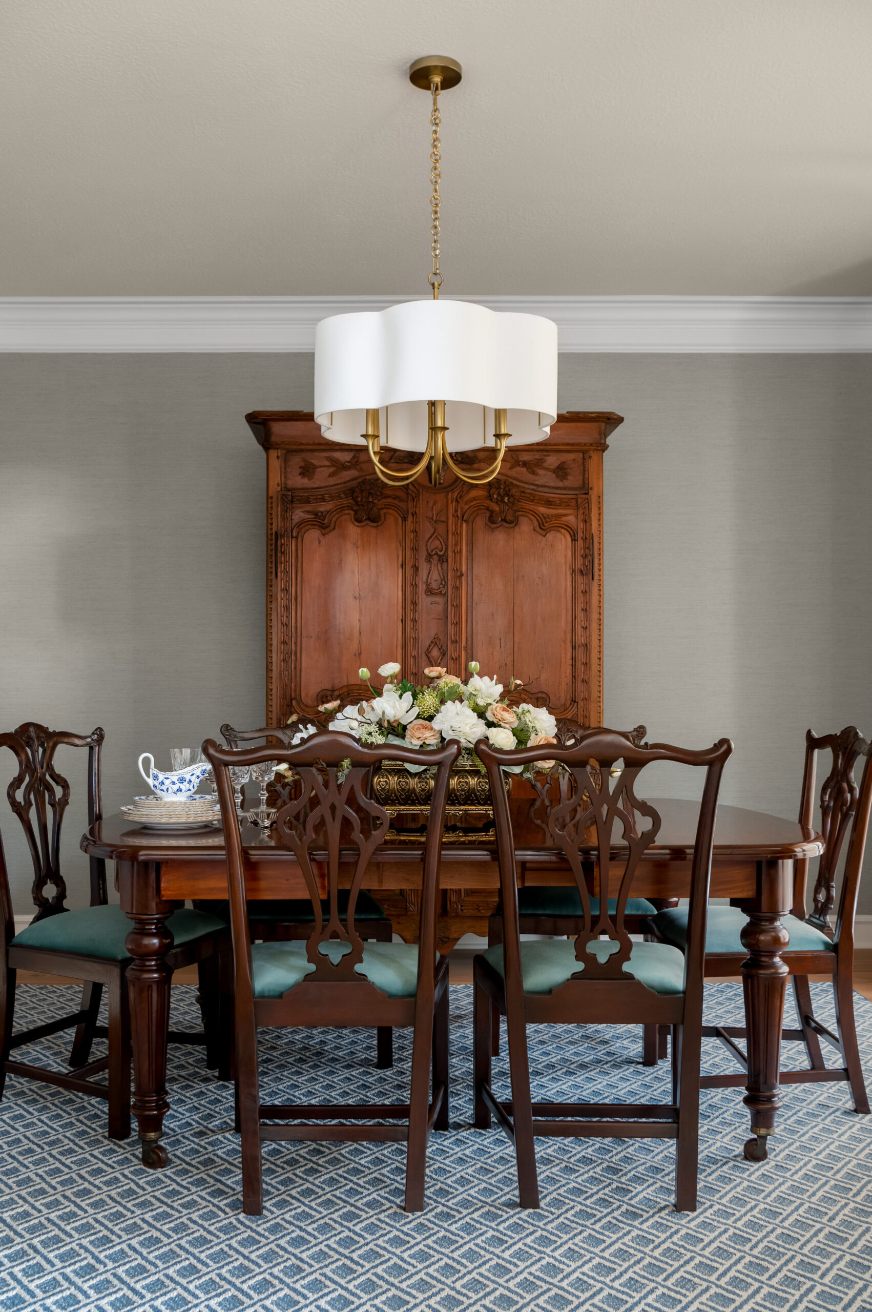 Dining room interior design with wooden dining room table and chairs