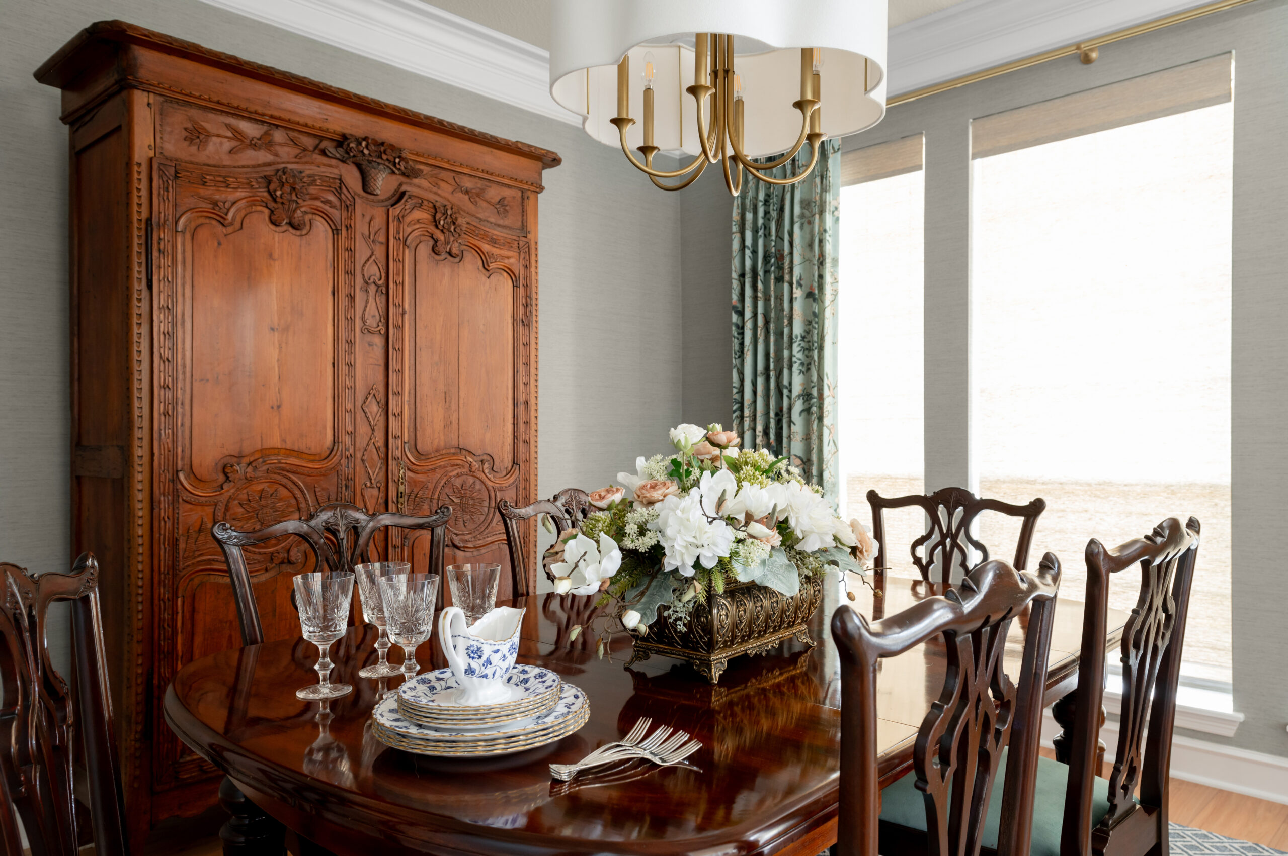 Dining room interior design with wooden dining room table and chairs