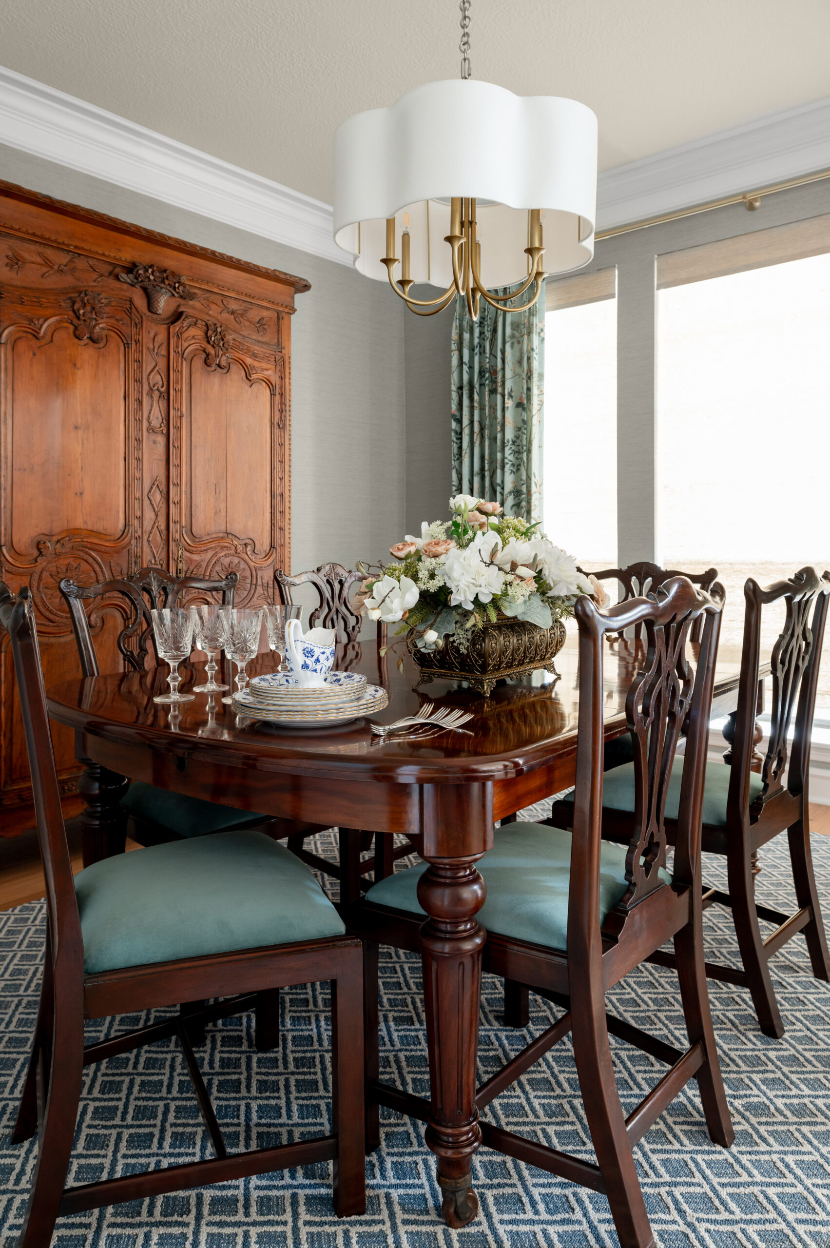 Dining room interior design with wooden dining room table and chairs