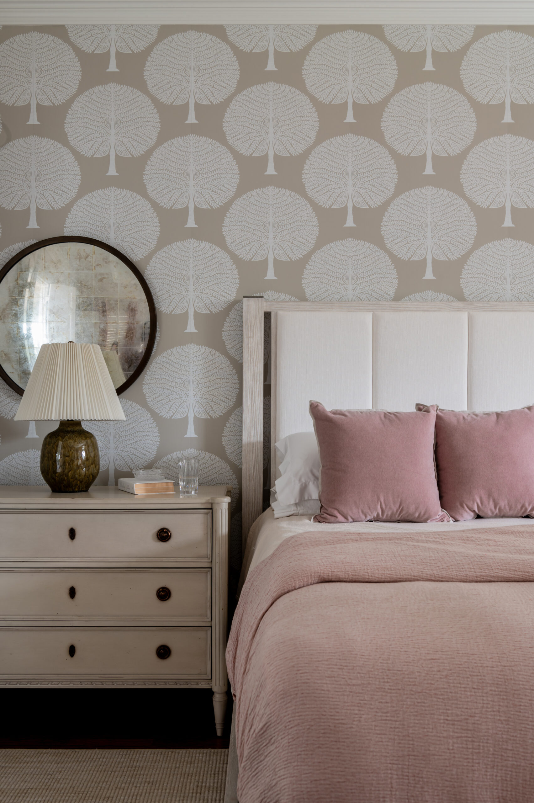 Stunning bedroom interior design photo of pink bed and french wallpaper