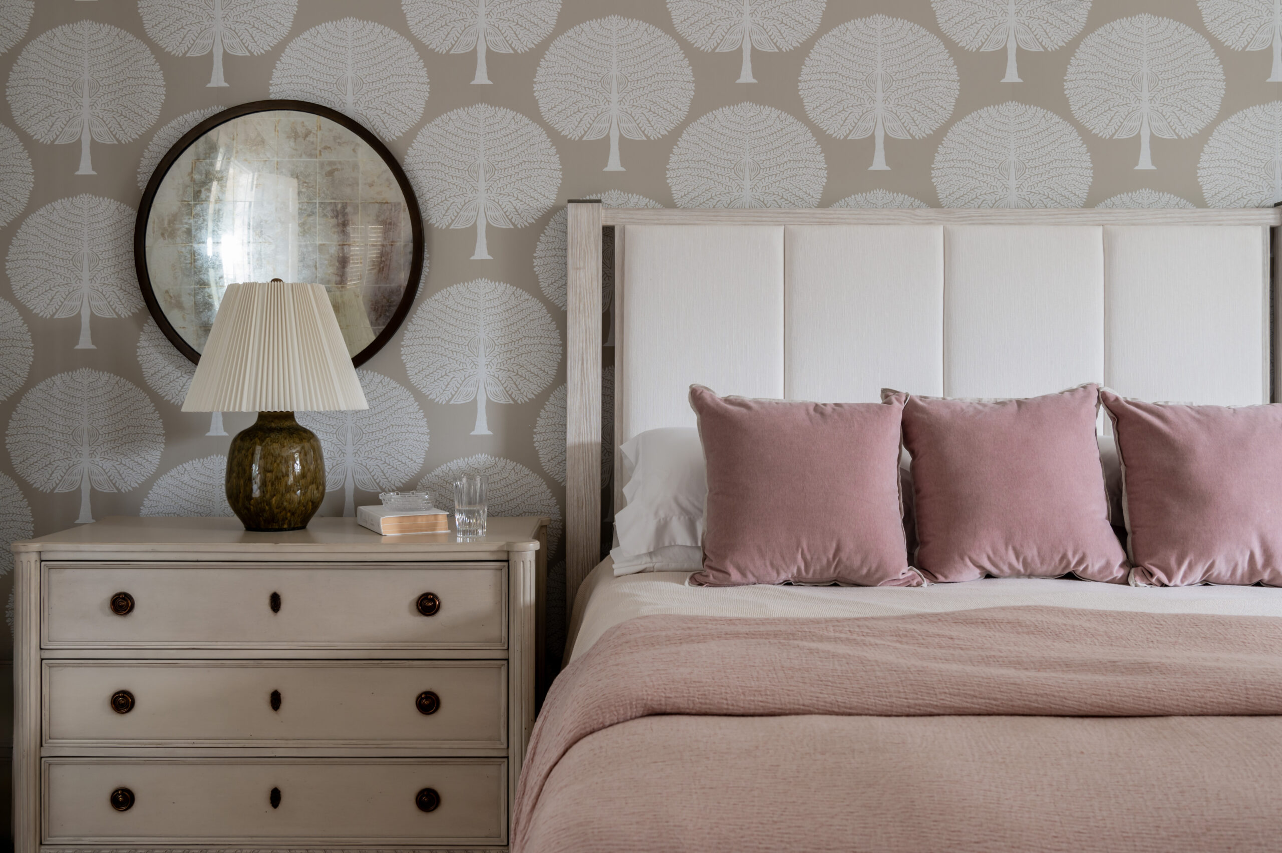Stunning bedroom interior design photo of pink bed and french wallpaper