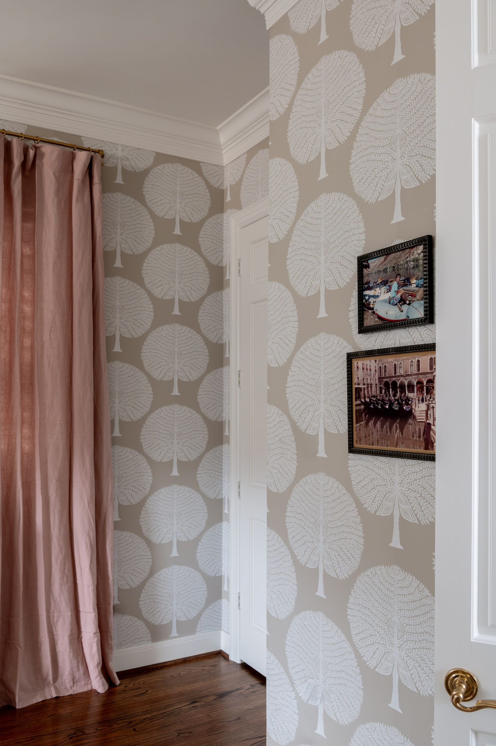 Stunning bedroom interior design with french wallpaper and pink curtains