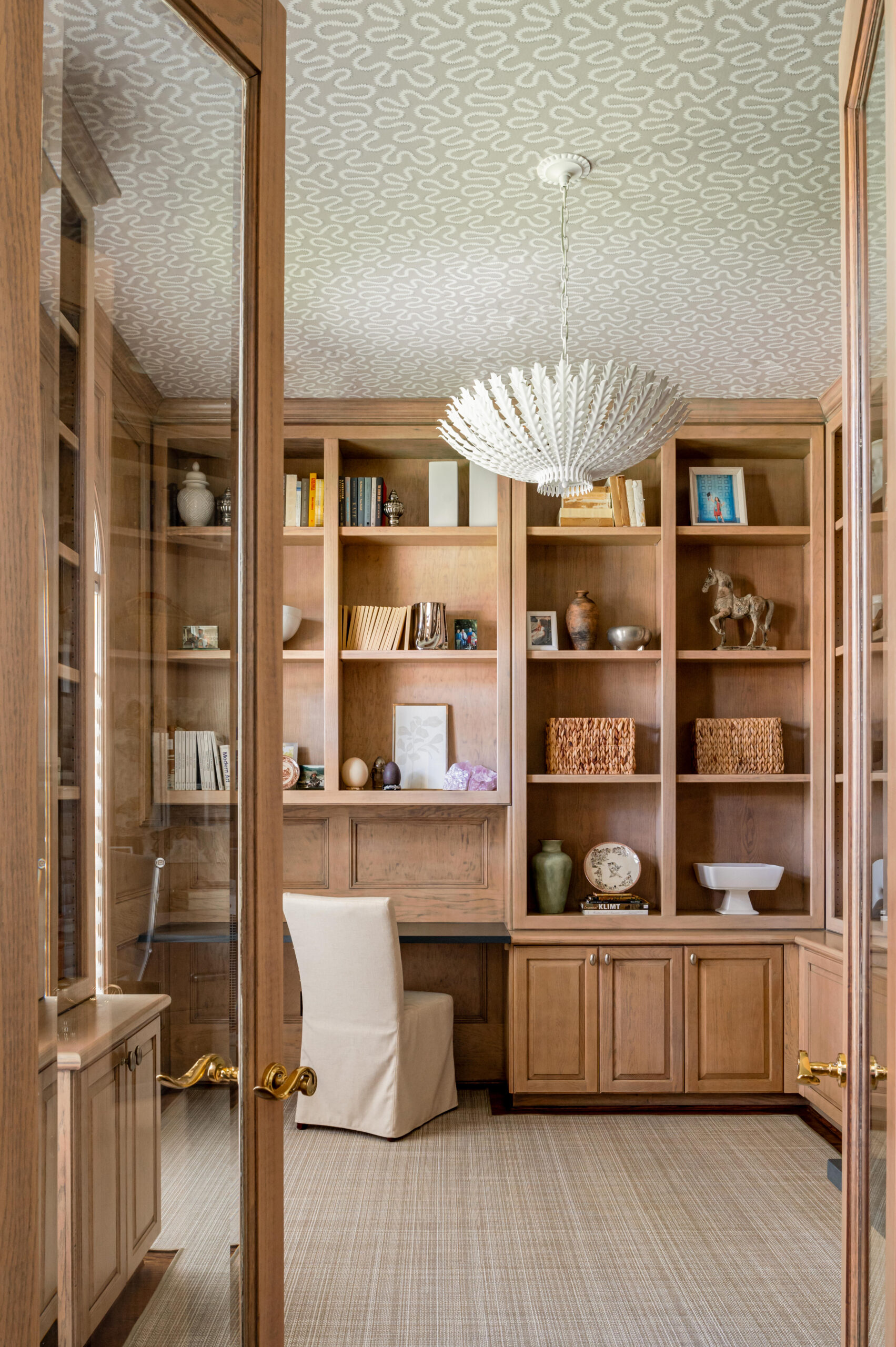 Gorgeous office interior design with wood finished and bookshelves