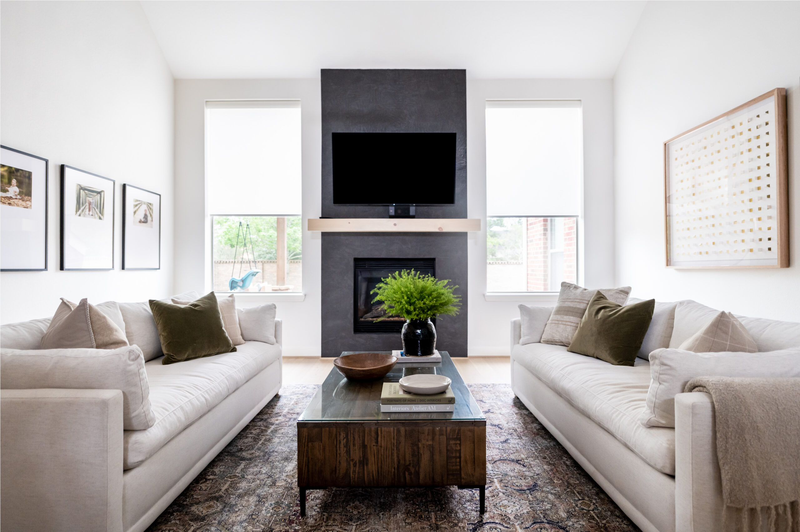 Living room with comfortable sofas and bold artwork